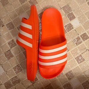 adidas Orange (Coral) Slide Sandals with White Stripes